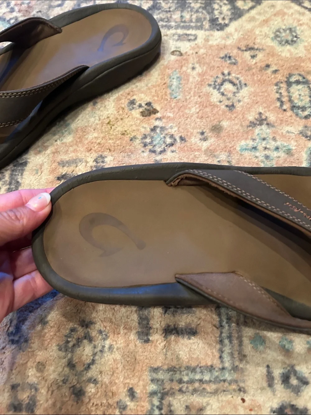 OluKai Men’s Dark Brown Leather Thong Sandals - Picture 7 of 11